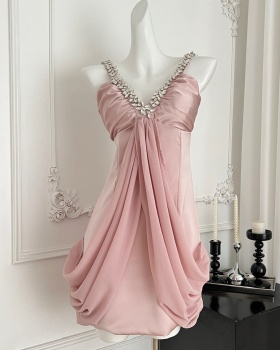 Sexy package hip short V-neck beading double color dress