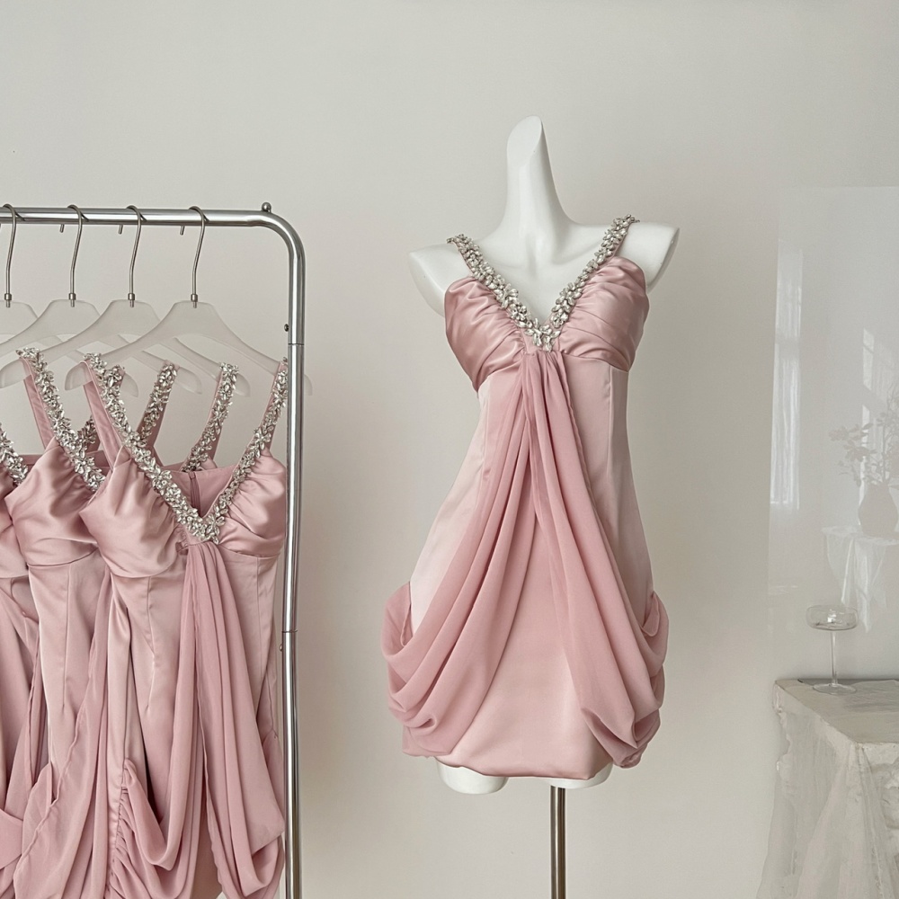 Sexy package hip short V-neck beading double color dress
