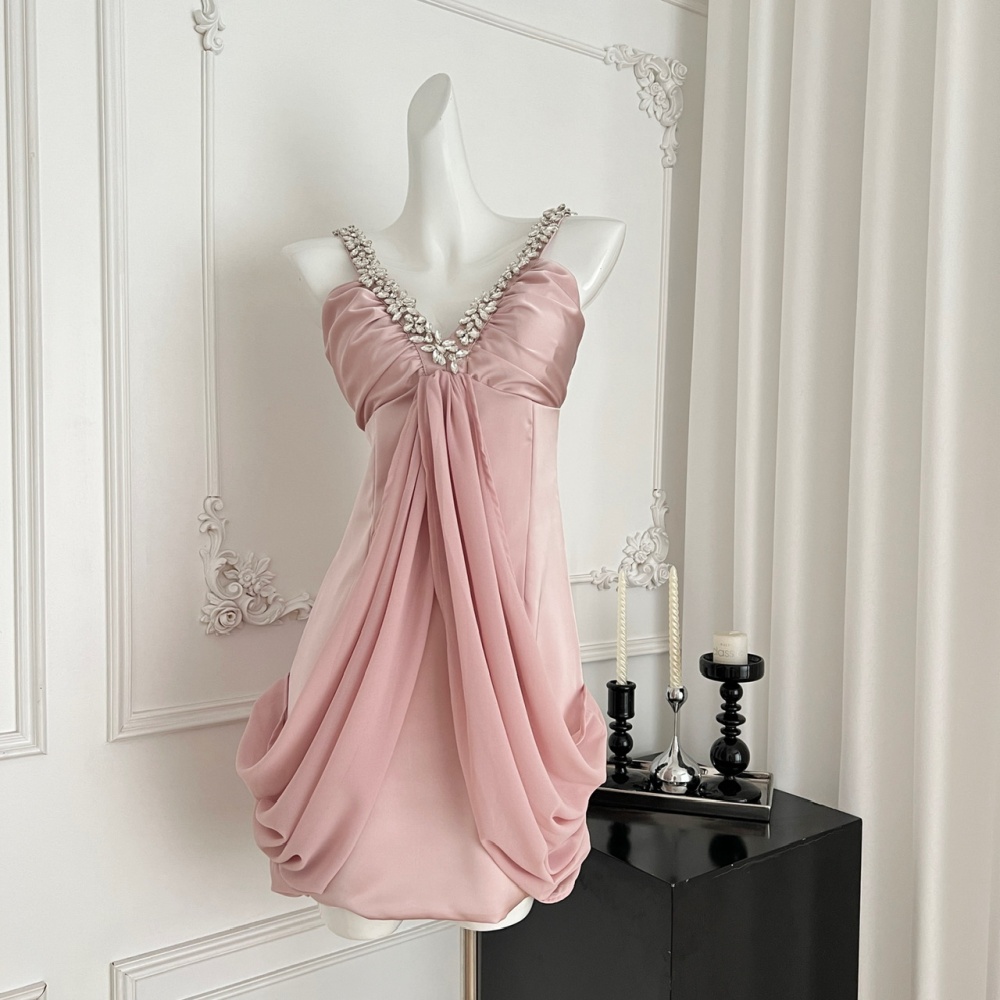 Sexy package hip short V-neck beading double color dress