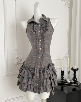Halter low-waist white plaid retro dress