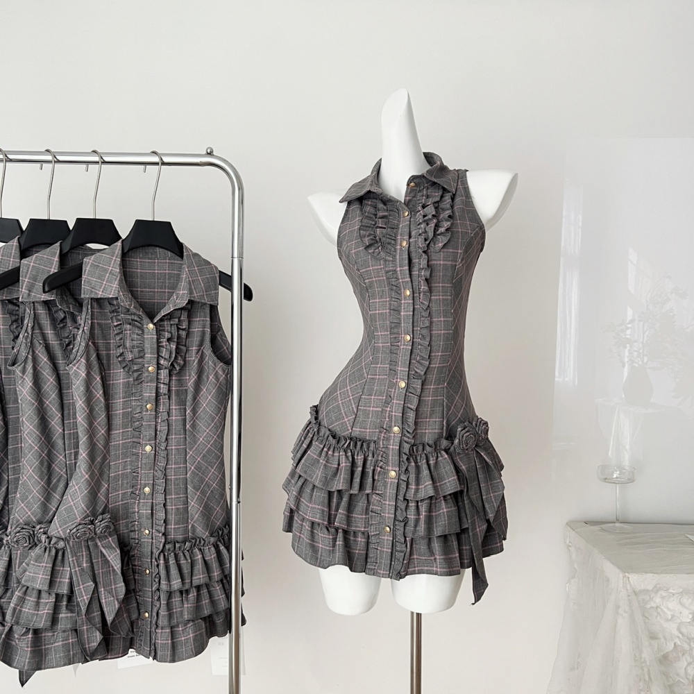 Halter low-waist white plaid retro dress