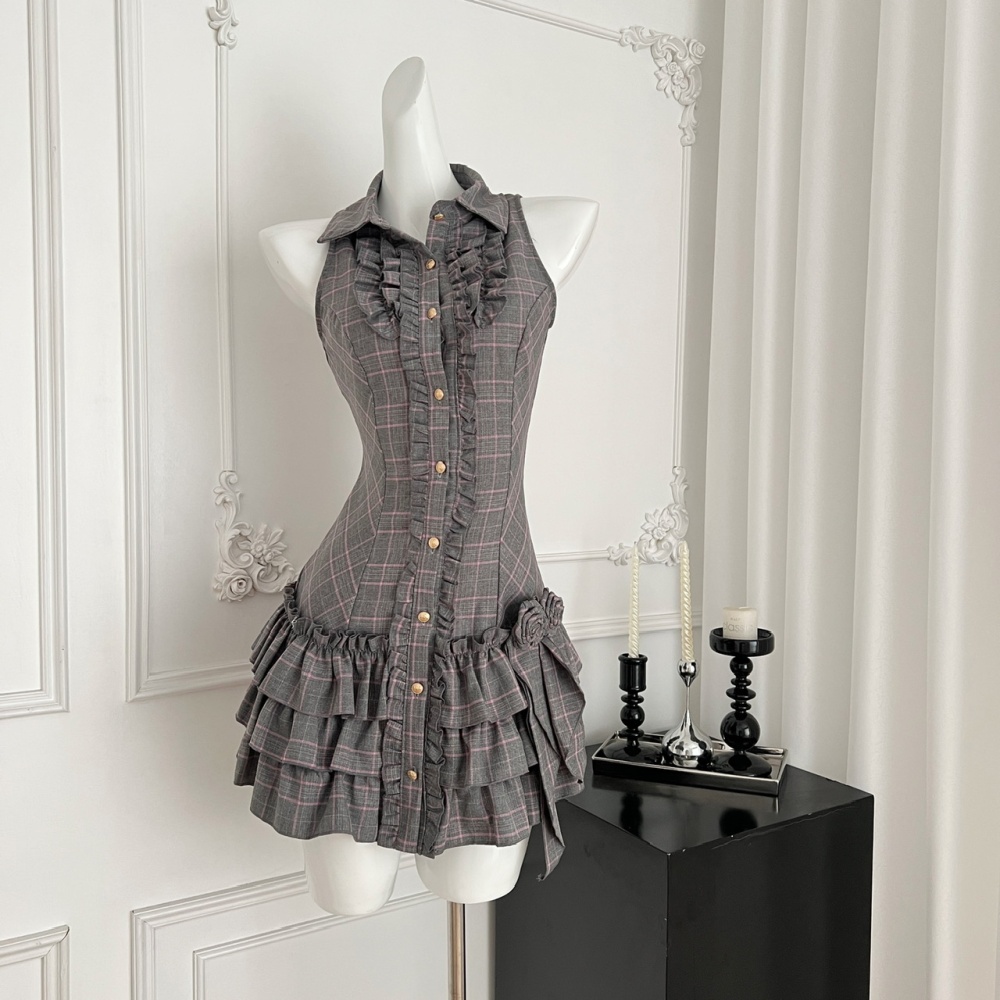 Halter low-waist white plaid retro dress