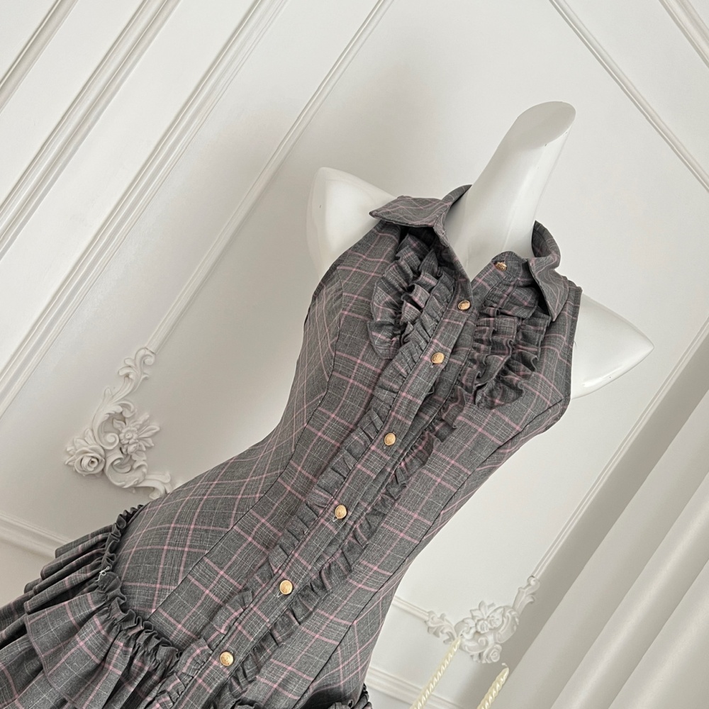 Halter low-waist white plaid retro dress