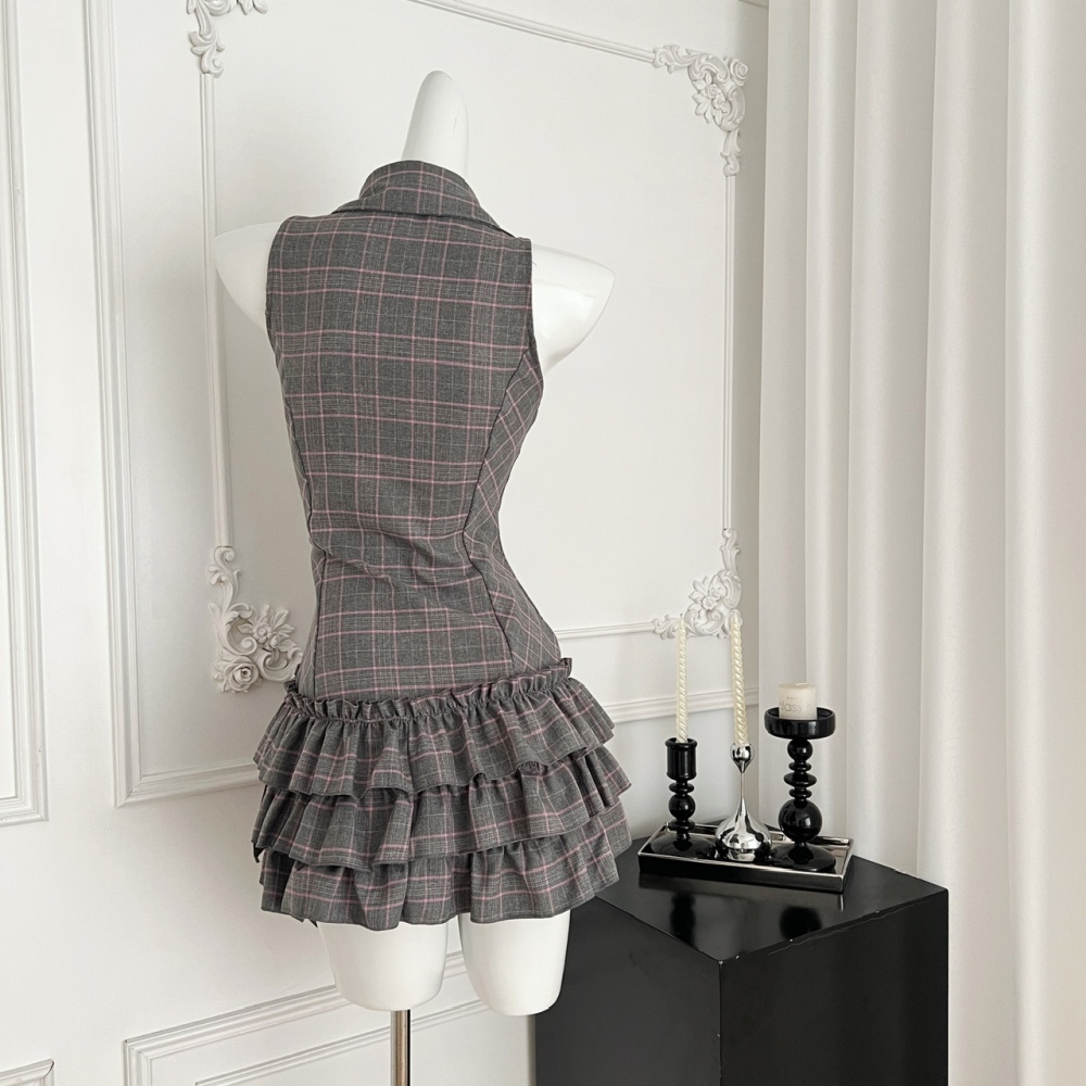 Halter low-waist white plaid retro dress