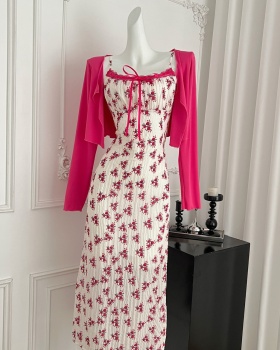Floral France style strap dress summer dress 2pcs set