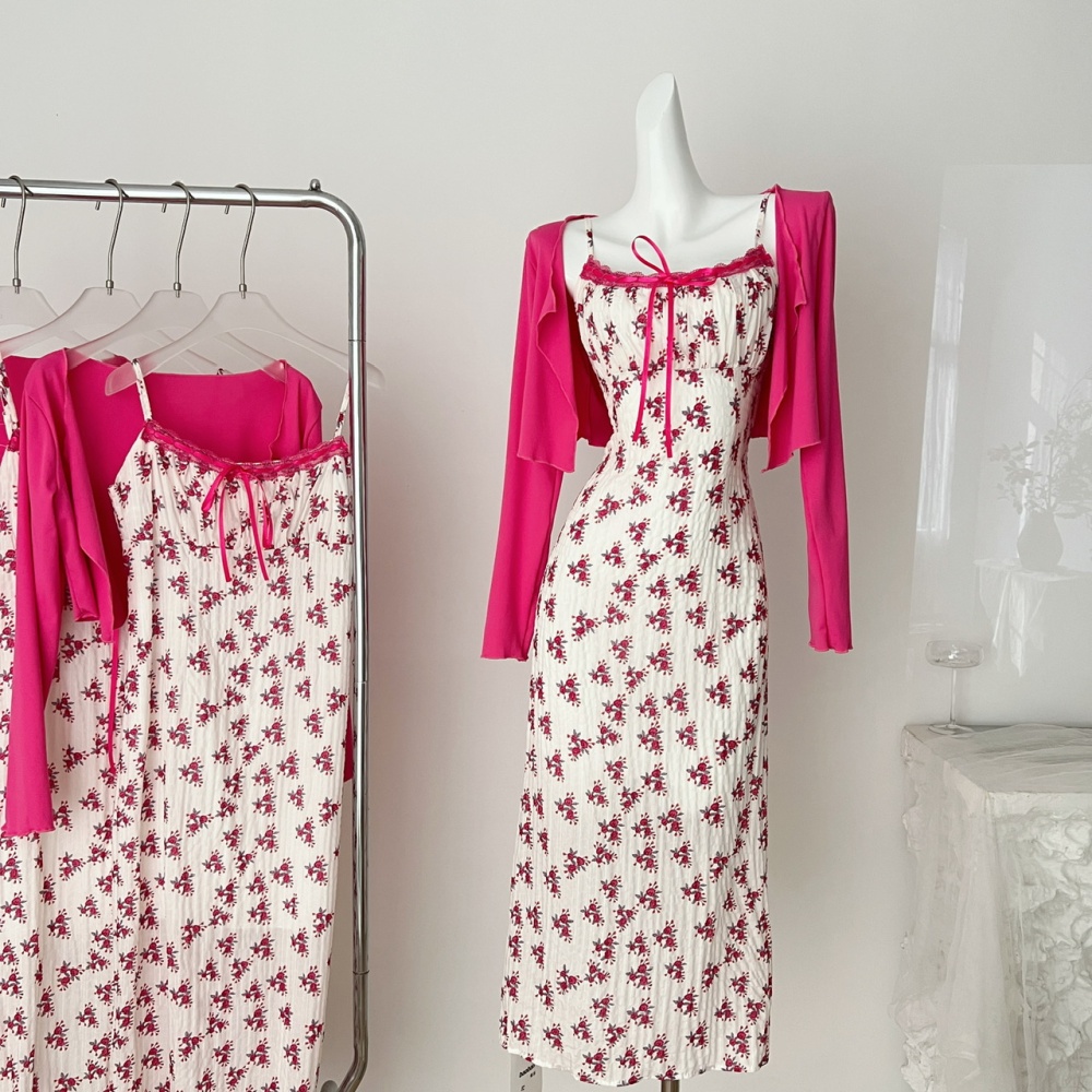 Floral France style strap dress summer dress 2pcs set