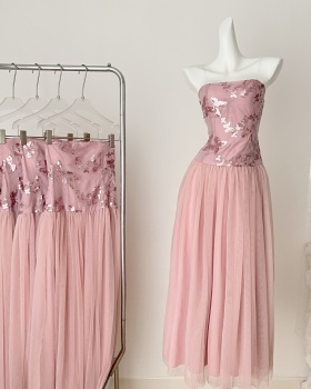 Wrapped chest big skirt sequins long dress butterfly splice dress