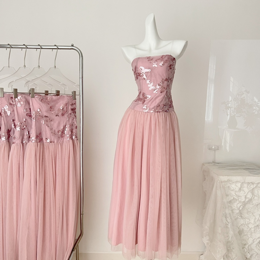 Wrapped chest big skirt sequins long dress butterfly splice dress