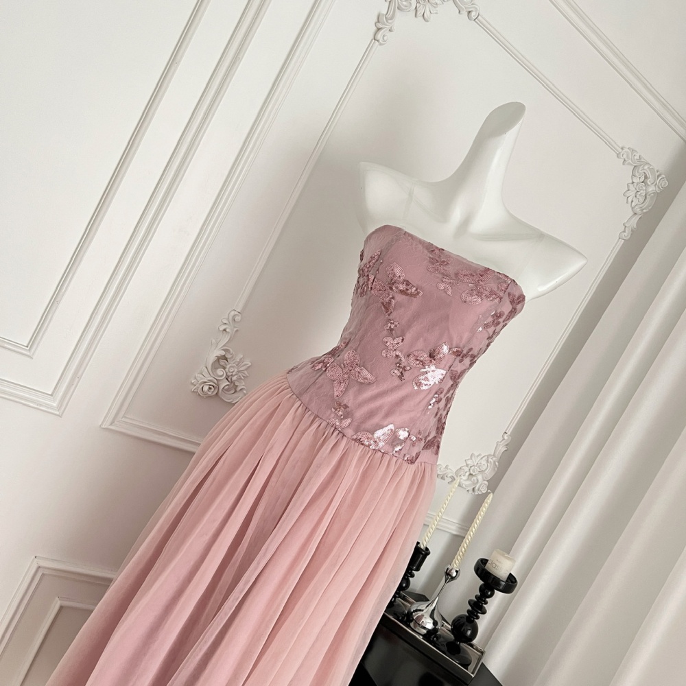 Wrapped chest big skirt sequins long dress butterfly splice dress