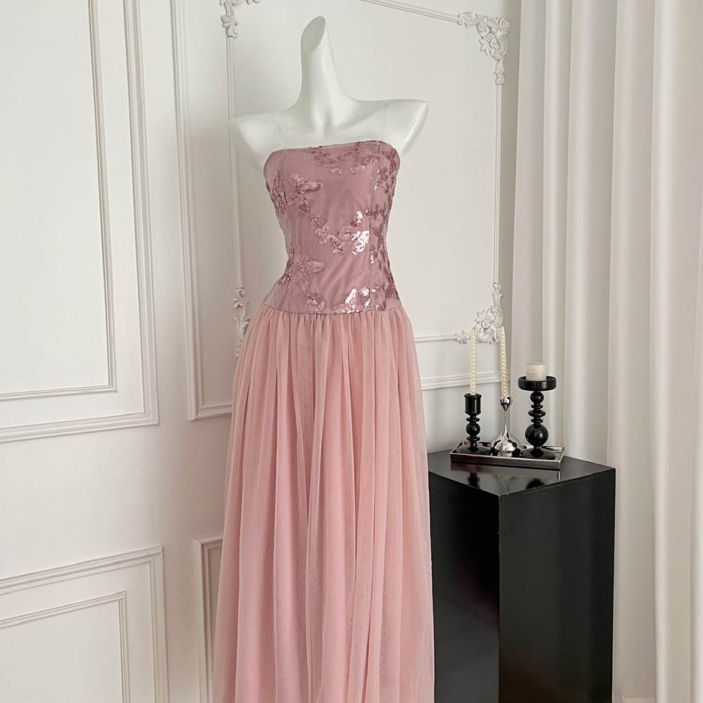Wrapped chest big skirt sequins long dress butterfly splice dress