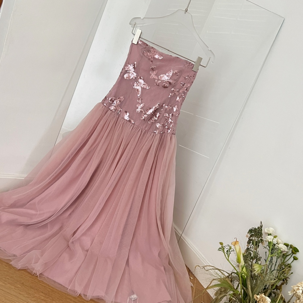 Wrapped chest big skirt sequins long dress butterfly splice dress