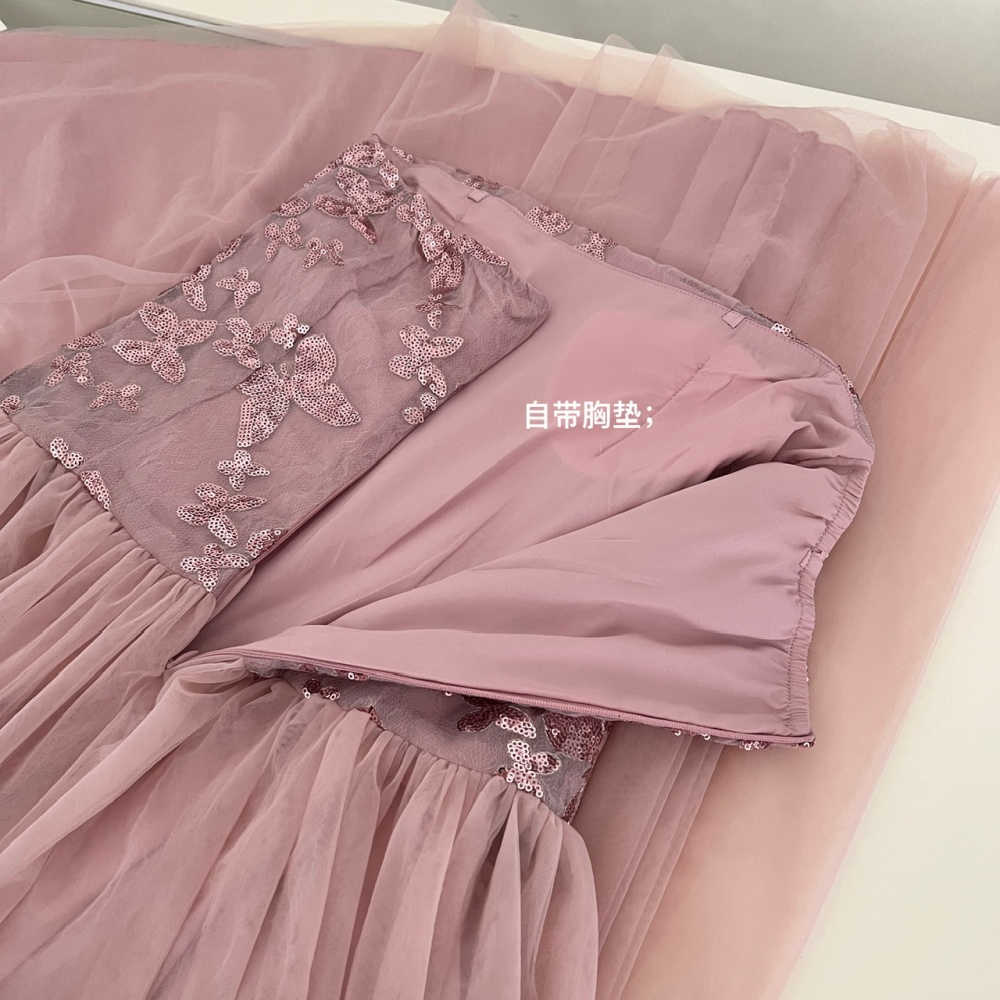 Wrapped chest big skirt sequins long dress butterfly splice dress