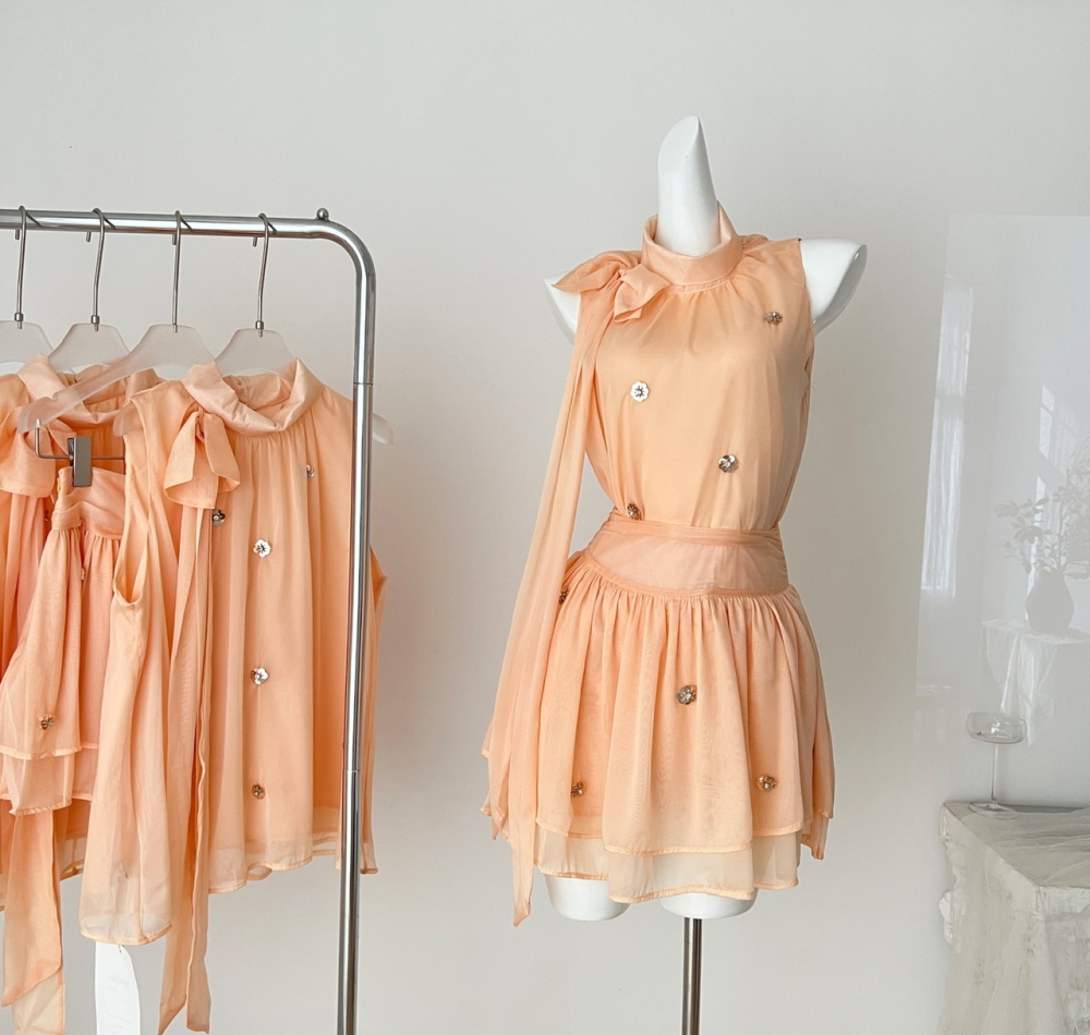 Chiffon tops imitation silk short skirt a set