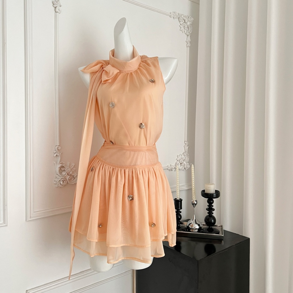 Chiffon tops imitation silk short skirt a set
