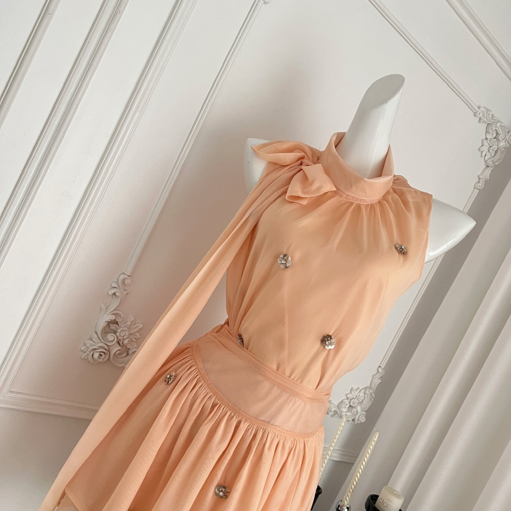 Chiffon tops imitation silk short skirt a set