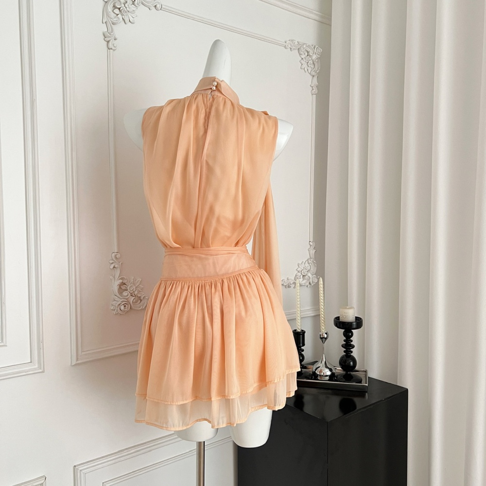 Chiffon tops imitation silk short skirt a set
