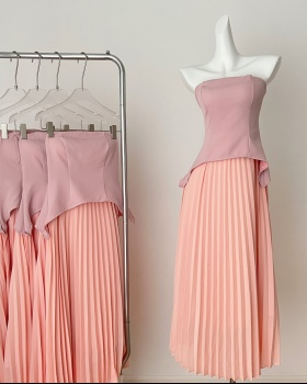 Spring flat shoulder long dress pinched waist chiffon dress