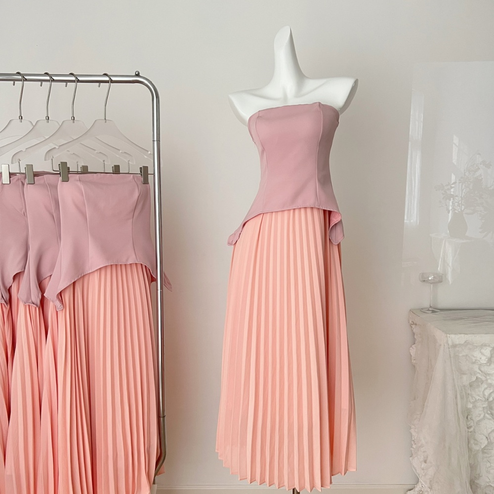 Spring flat shoulder long dress pinched waist chiffon dress