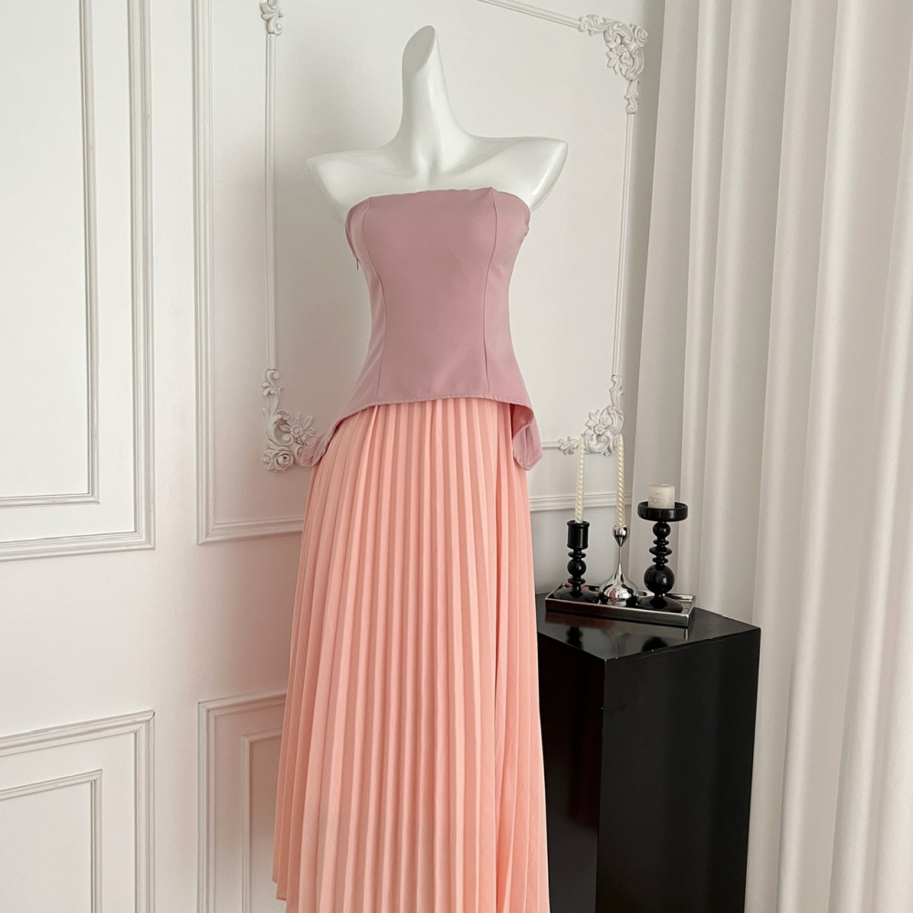 Spring flat shoulder long dress pinched waist chiffon dress