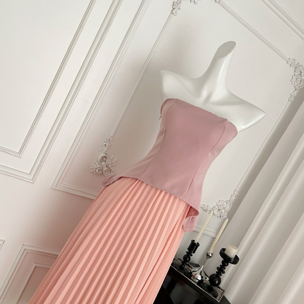 Spring flat shoulder long dress pinched waist chiffon dress