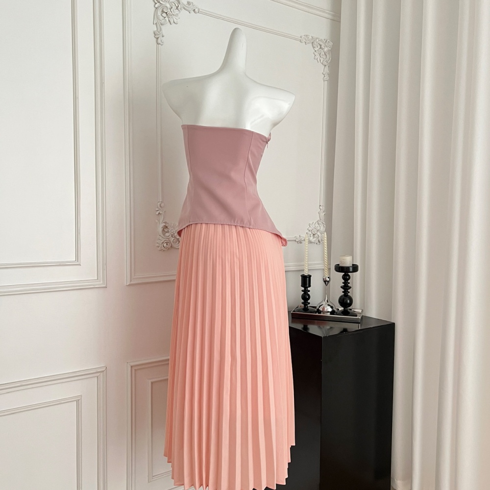 Spring flat shoulder long dress pinched waist chiffon dress