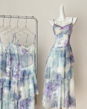 Laminated sling romantic lotus leaf edges dream dress