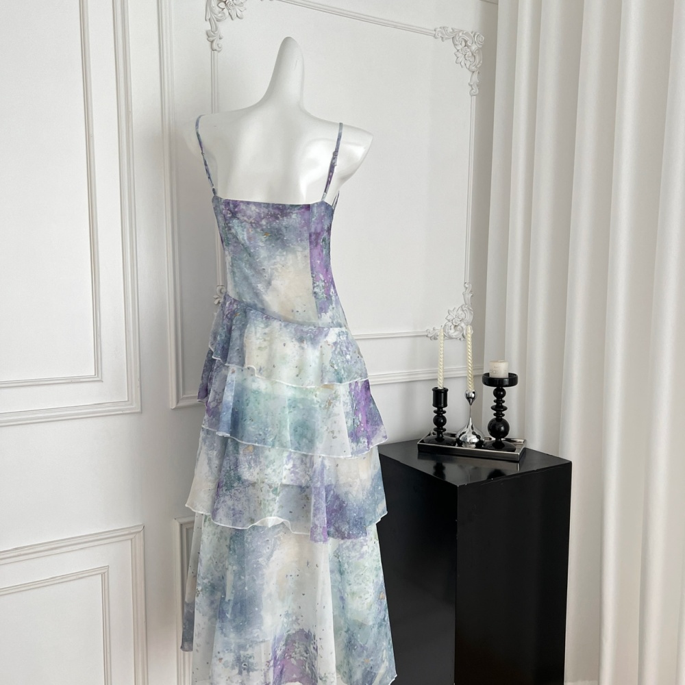 Laminated sling romantic lotus leaf edges dream dress