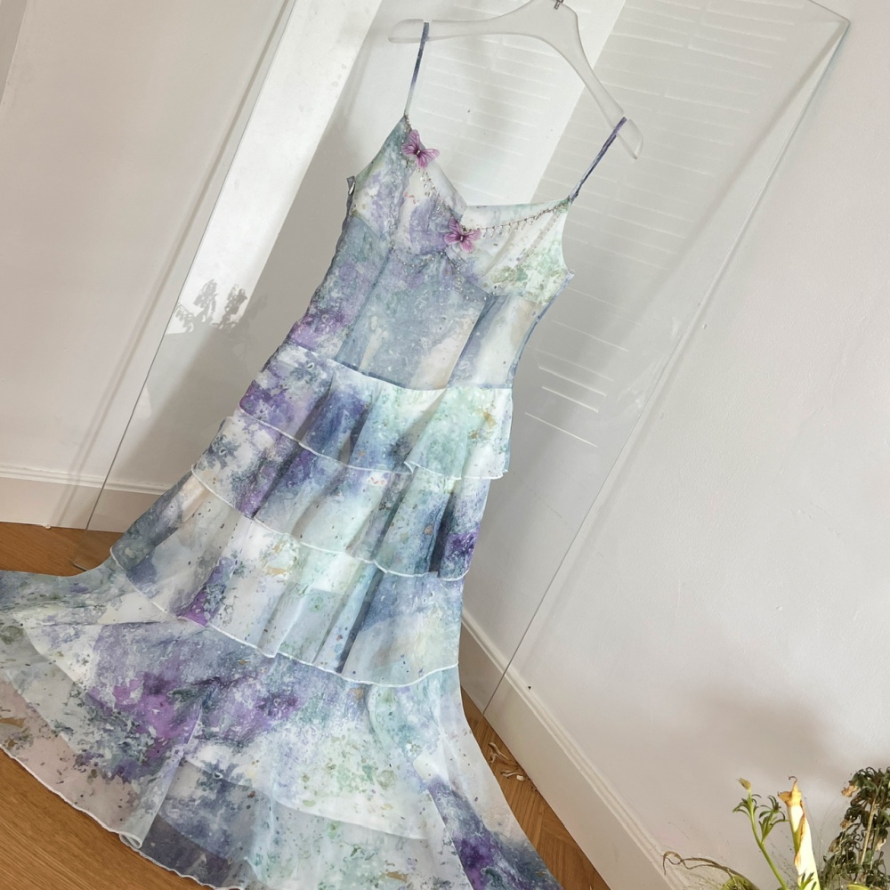 Laminated sling romantic lotus leaf edges dream dress