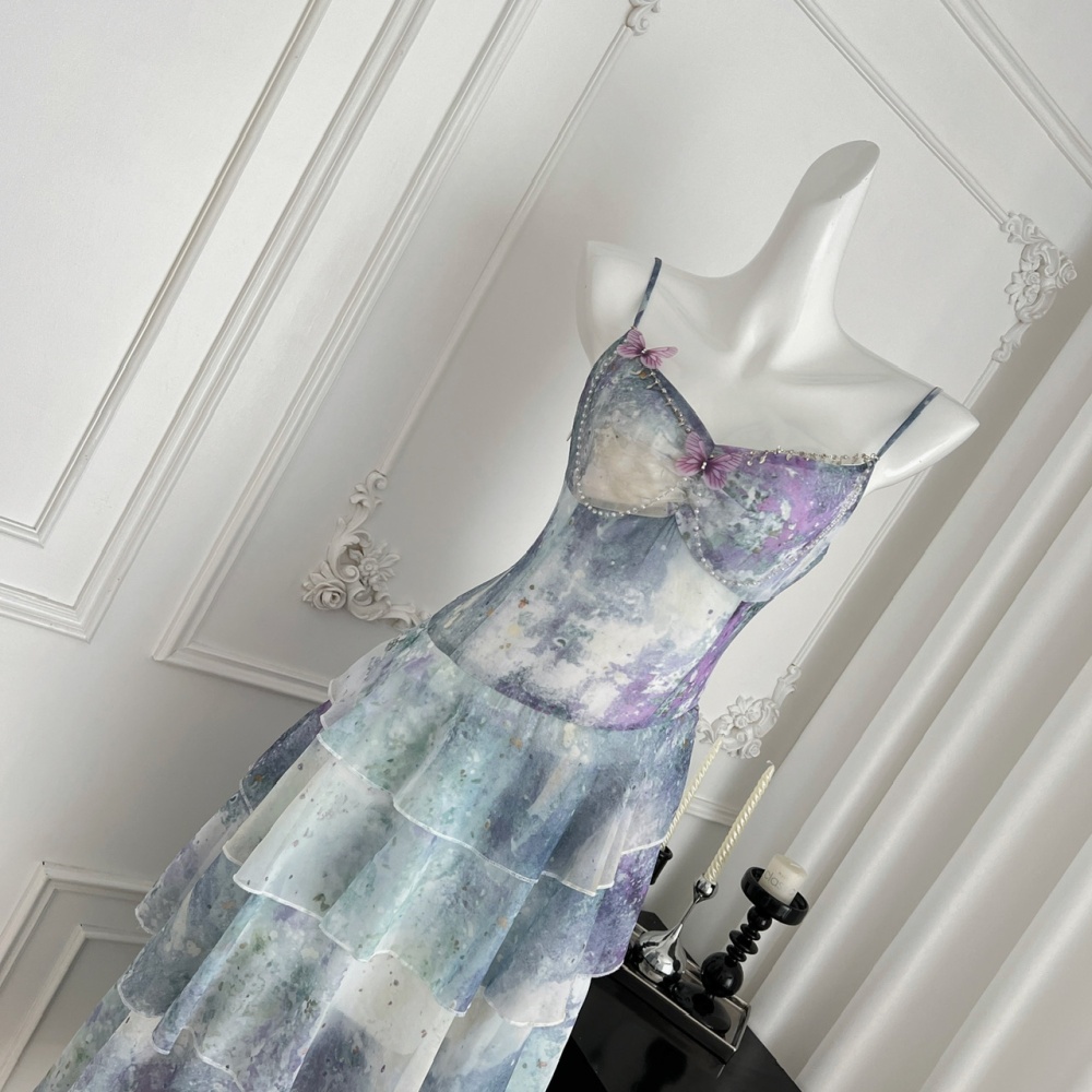 Laminated sling romantic lotus leaf edges dream dress
