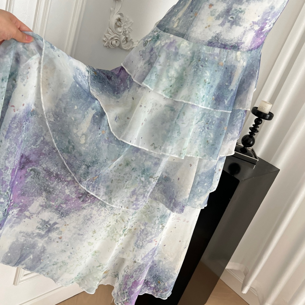 Laminated sling romantic lotus leaf edges dream dress