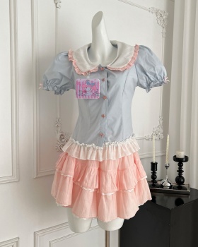 Rabbit summer tops pink college skirt a set