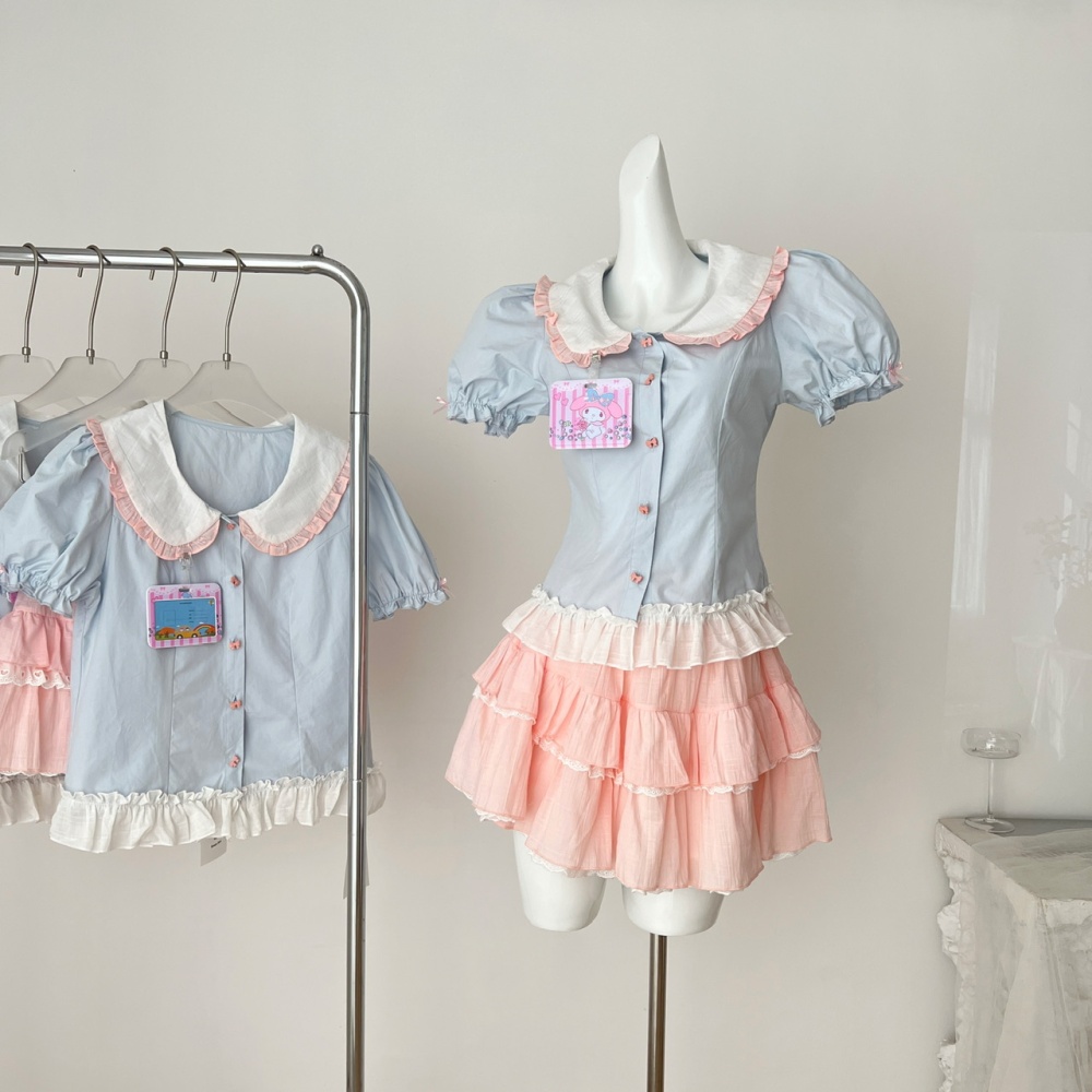 Rabbit summer tops pink college skirt a set