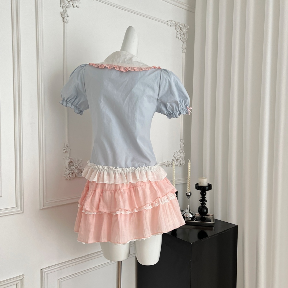 Rabbit summer tops pink college skirt a set