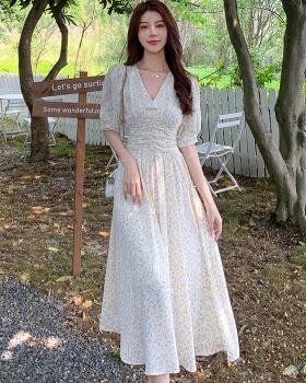 Printing retro chiffon pinched waist V-neck dress