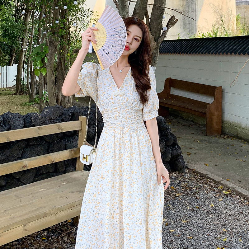 Printing retro chiffon pinched waist V-neck dress