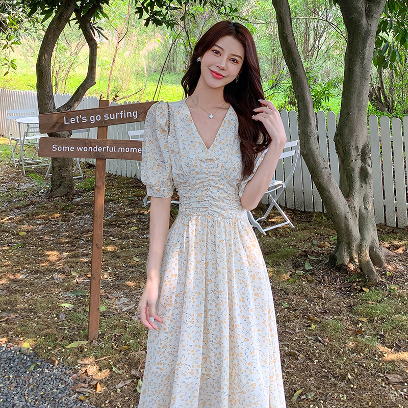 Printing retro chiffon pinched waist V-neck dress