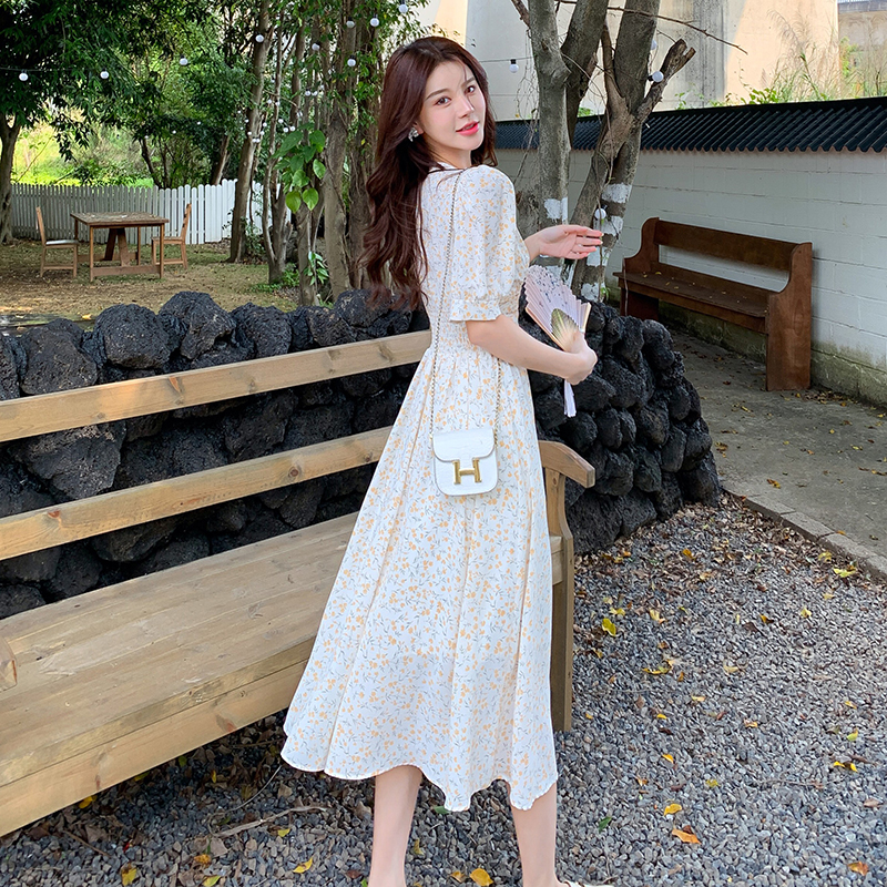 Printing retro chiffon pinched waist V-neck dress
