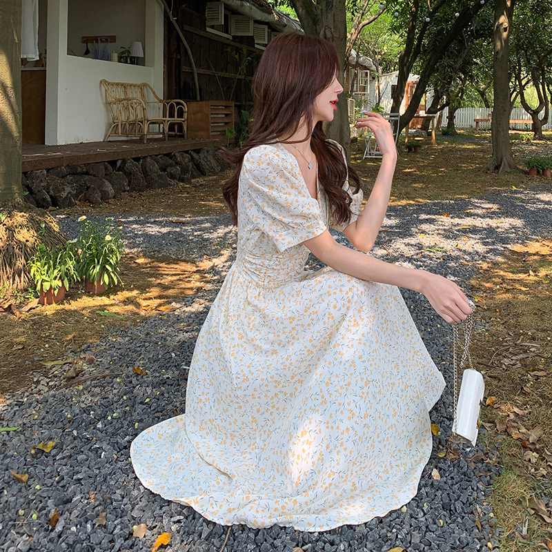 Printing retro chiffon pinched waist V-neck dress