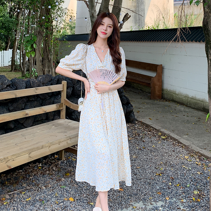 Printing retro chiffon pinched waist V-neck dress