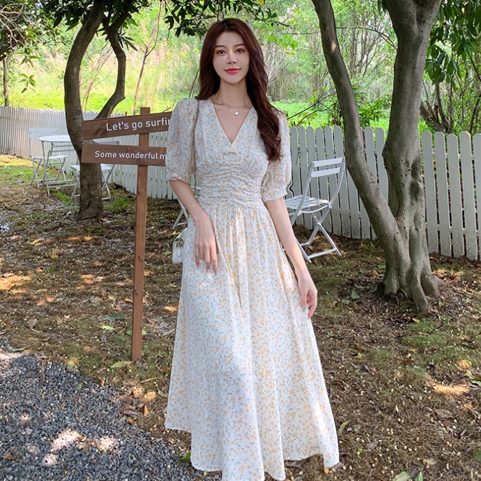 Printing retro chiffon pinched waist V-neck dress