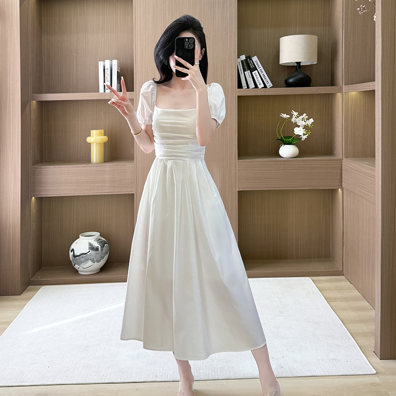 Tender sweet long dress puff sleeve generous collar dress