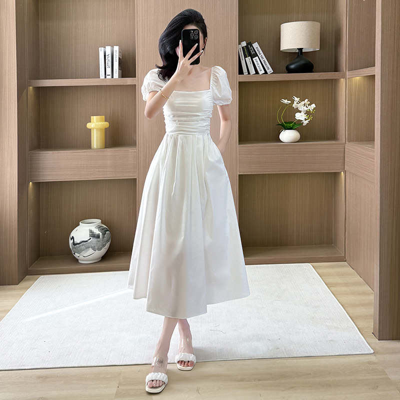 Tender sweet long dress puff sleeve generous collar dress