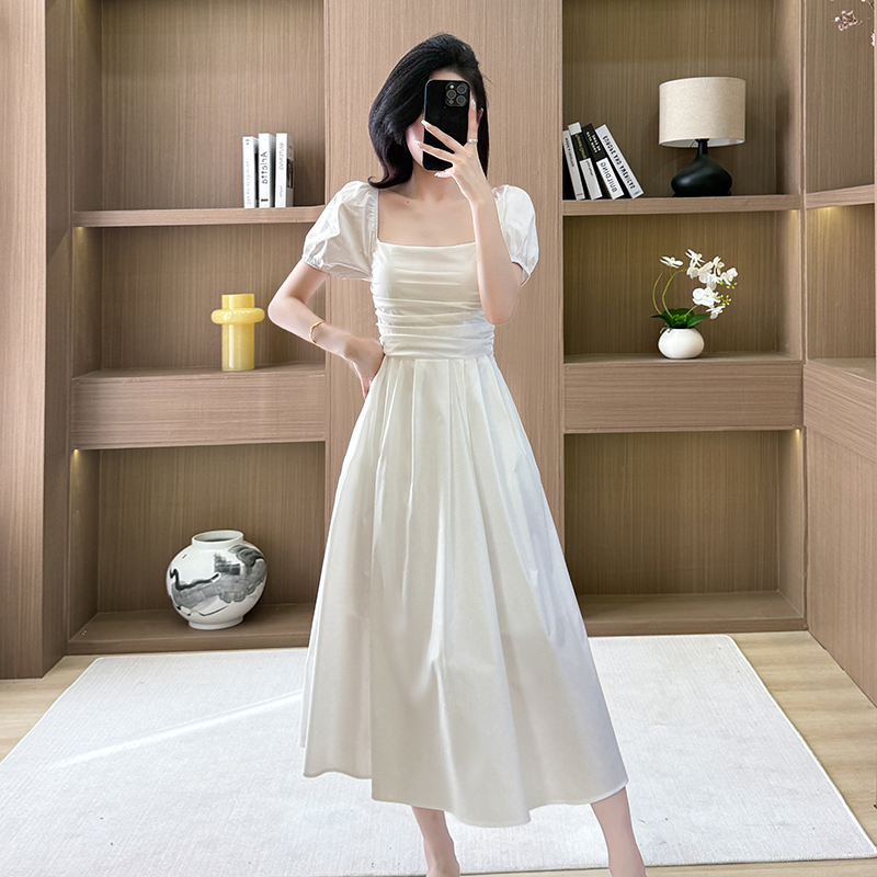 Tender sweet long dress puff sleeve generous collar dress