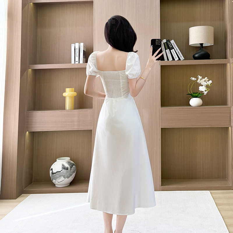 Tender sweet long dress puff sleeve generous collar dress