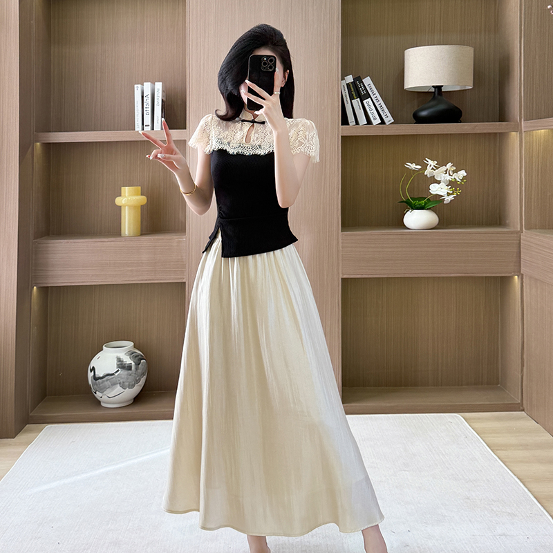 Temperament A-line tops spring lace skirt 2pcs set