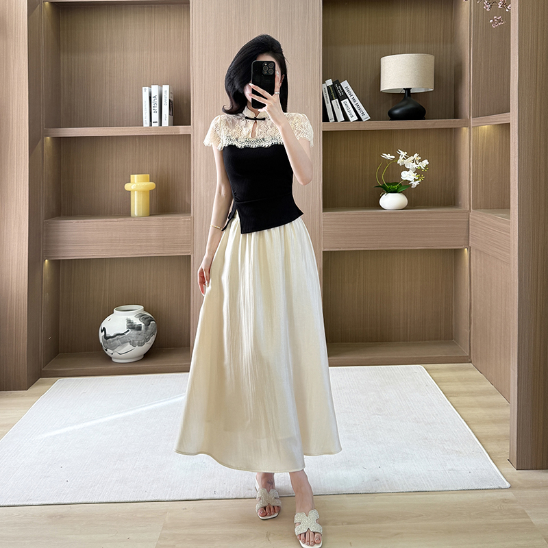Temperament A-line tops spring lace skirt 2pcs set