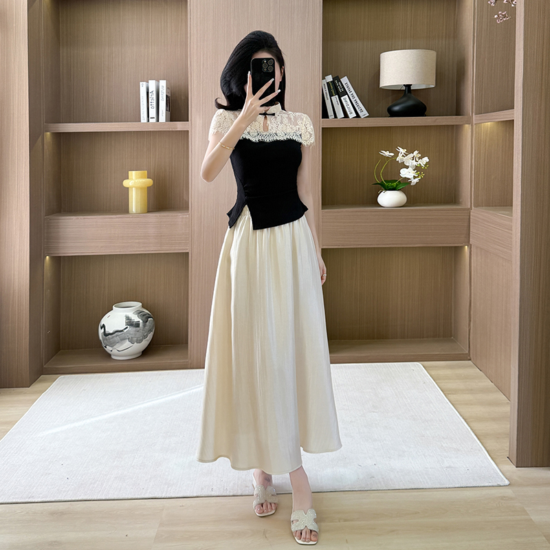 Temperament A-line tops spring lace skirt 2pcs set