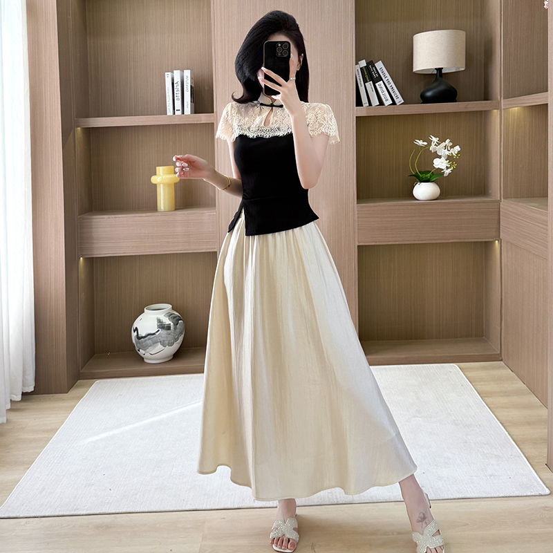 Temperament A-line tops spring lace skirt 2pcs set