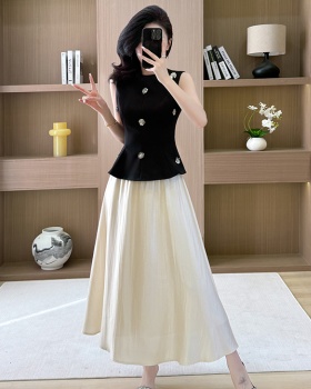 Sleeveless vest pinched waist skirt 2pcs set for women