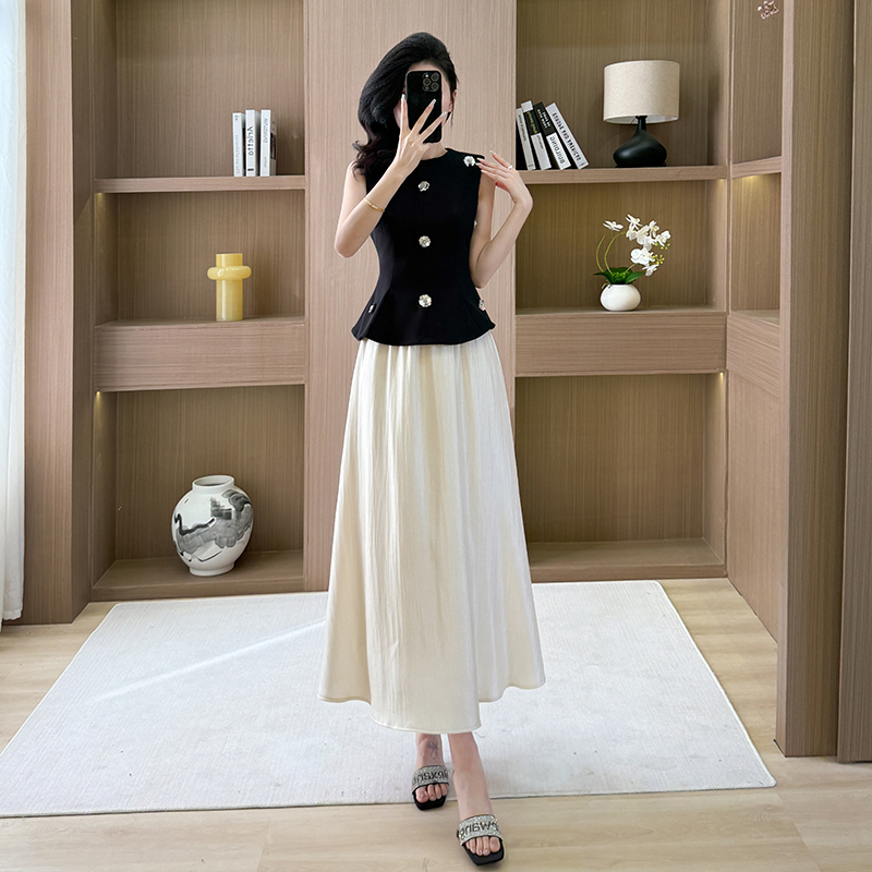 Sleeveless vest pinched waist skirt 2pcs set for women